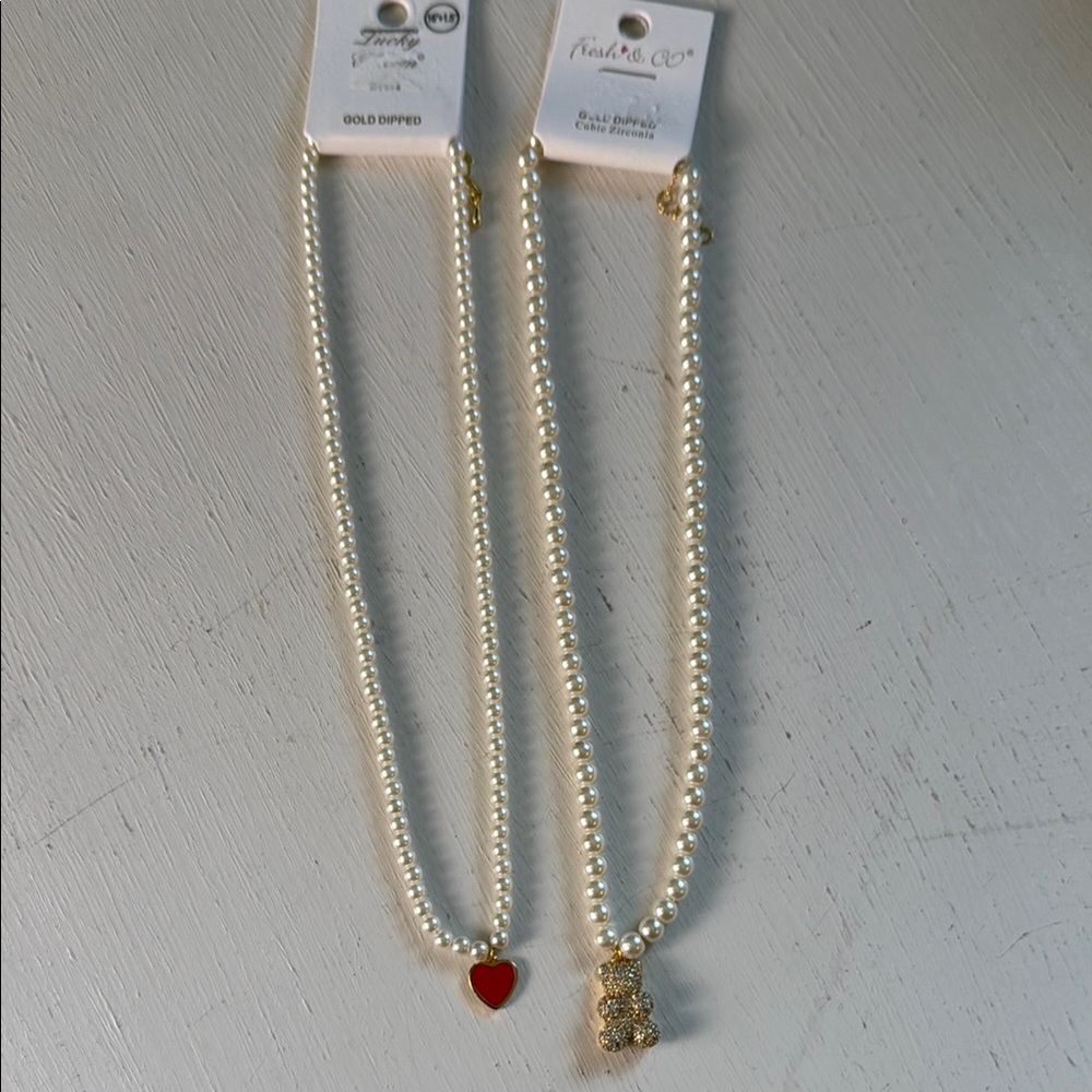 Bundle of 2 Gold‎ Dipped Pearl Red Heart and Gummy Bear Necklaces NWT